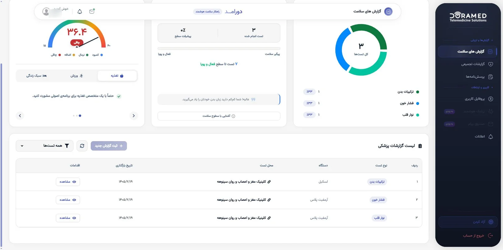 فهرست گزارش‌های پزشکی کاربر با نوع تست، دستگاه، محل تست و تاریخ